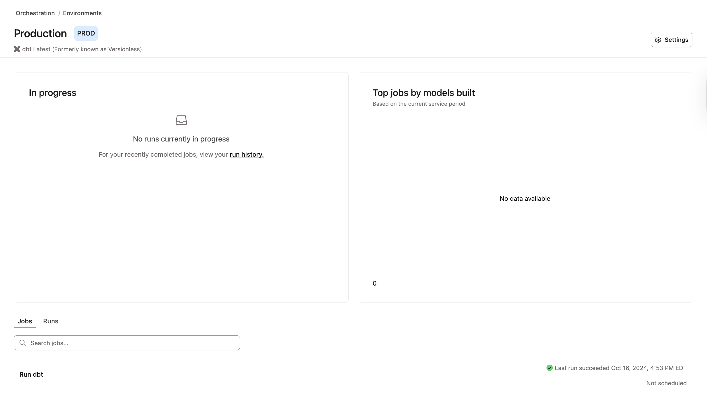 The Production environment landing page with read-only access.